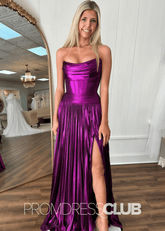 Paula |Long Purple Metallic Prom Dresses Websites With Strapless Pleated A - Line Corset Slit - Price #price_variant_lowest# - Purple - PromDressClub